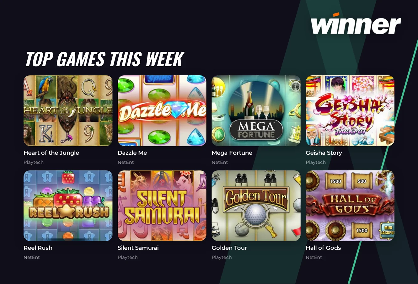 Popular slot games in the Winner Casino lobby